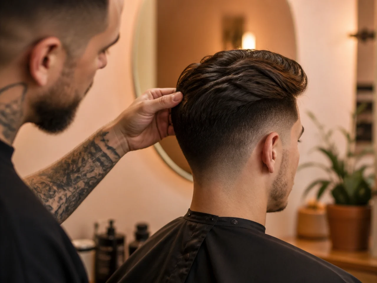 A barber checking the balance of a medium-length cut