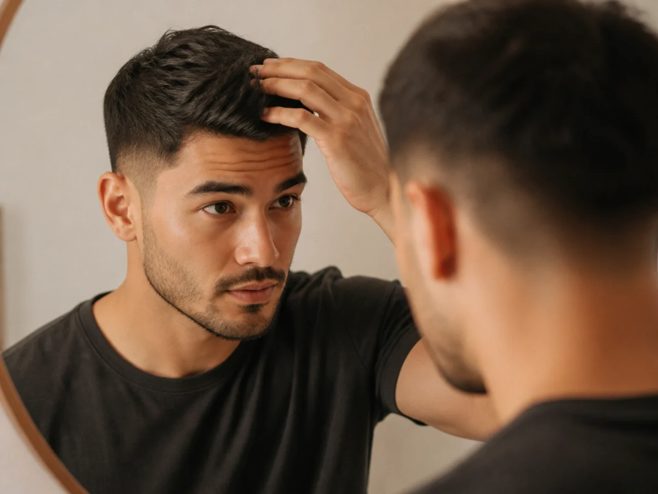 A man styling short hair with his fingers in front of a mirror