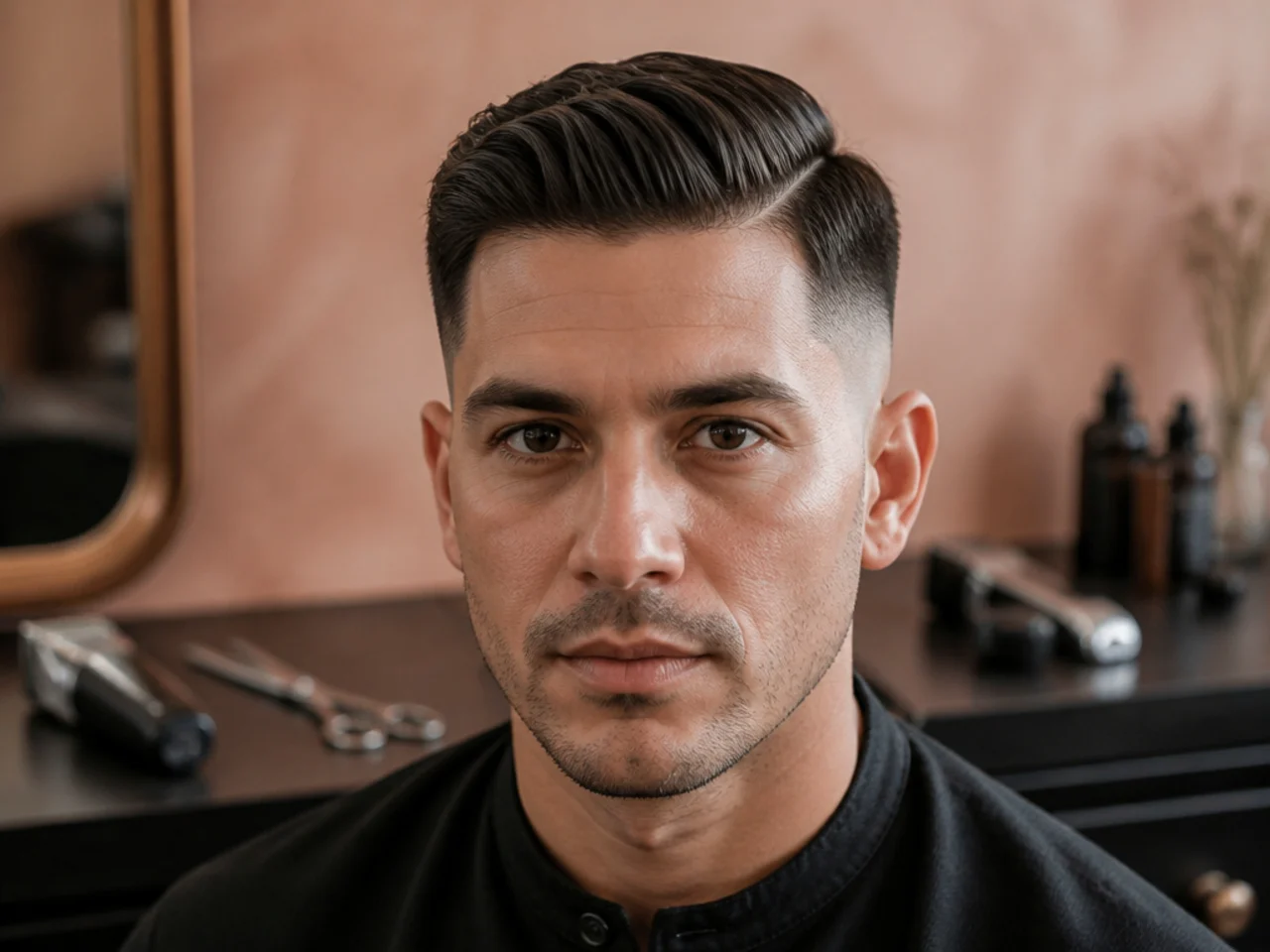 Clippers and scissors laid out on a barber station