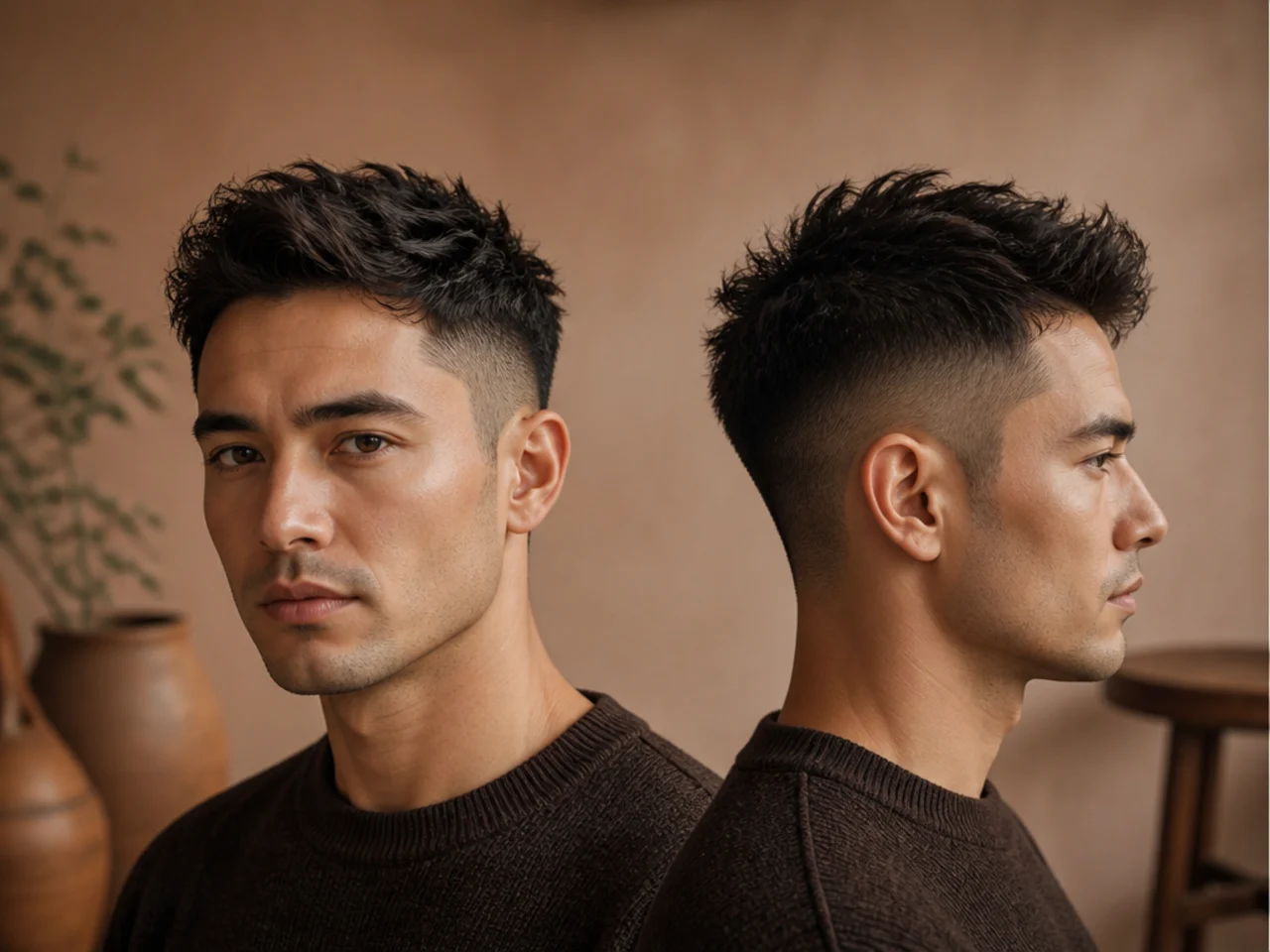 Three-quarter view comparing short and medium men's hair