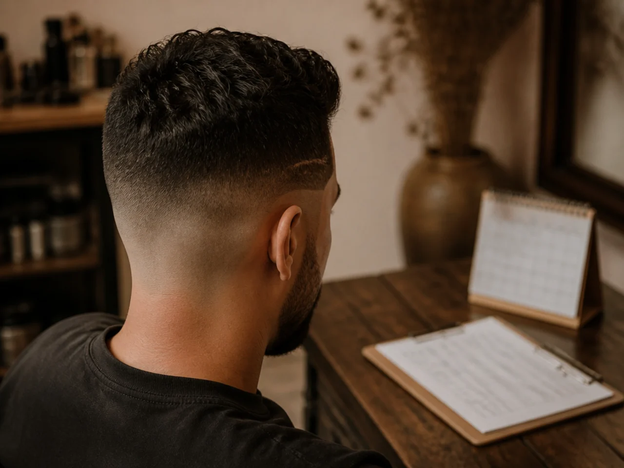 A calendar and a barber's price list on a table