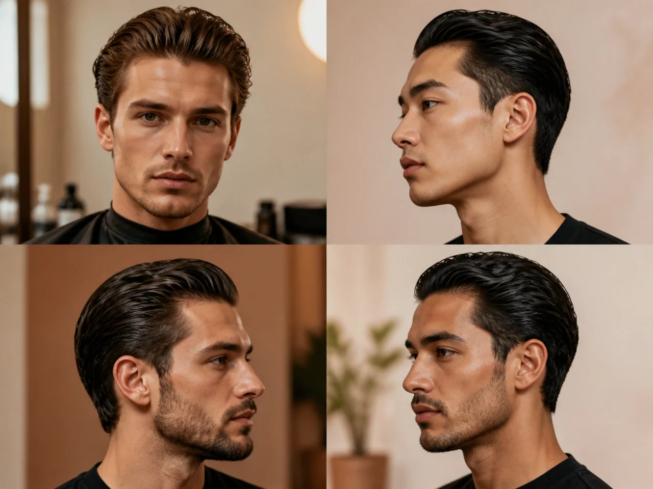 Classic mens slick back haircut with heavy oil pomade shine and scissor-cut short sides