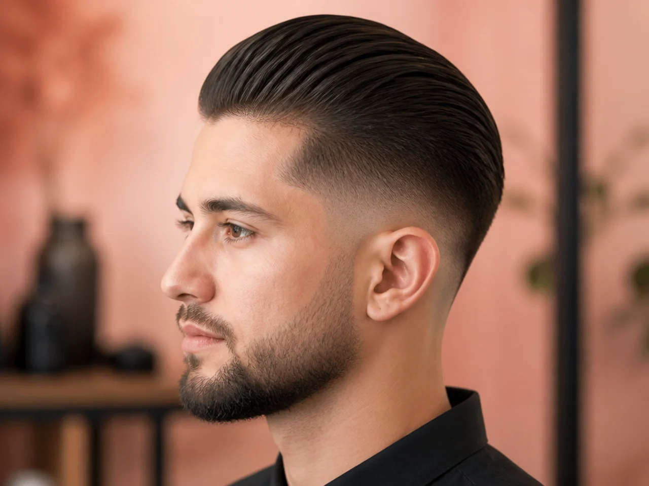 Mens slick back with mid fade at the temple line and balanced contrast on straight hair