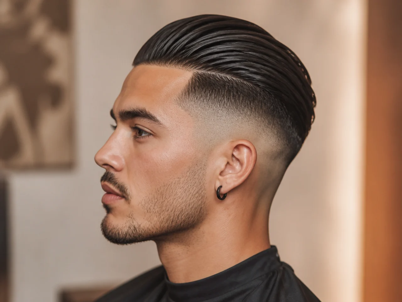 Mens slick back with dramatic high fade near the parietal ridge on thick hair