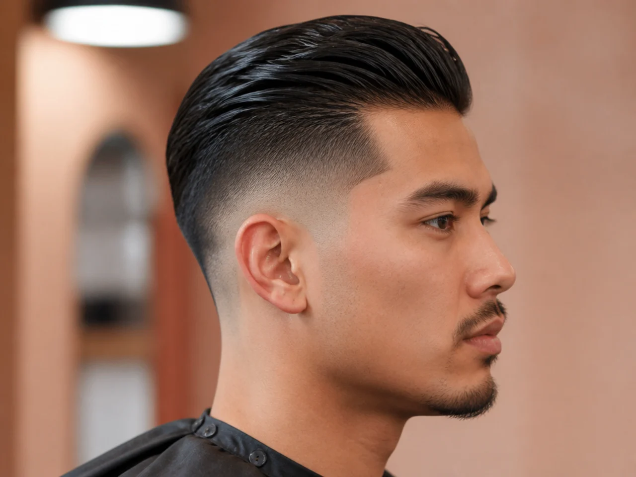 Mens slick back with skin fade — bare scalp at the temple with defined combed-back top