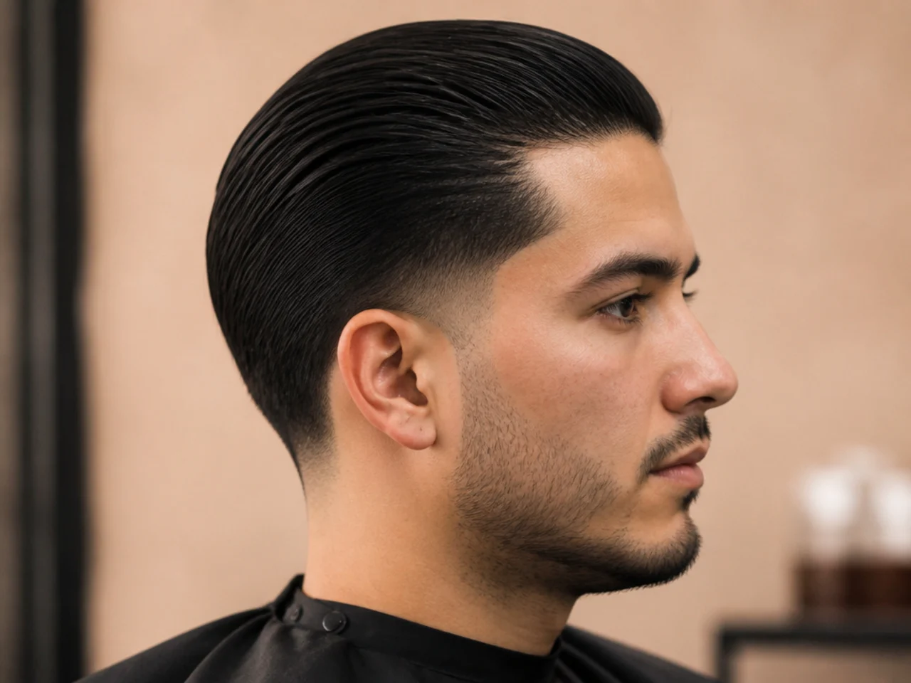 Mens slick back low taper fade with clean neckline and scissor-blended sides on a business-professional cut