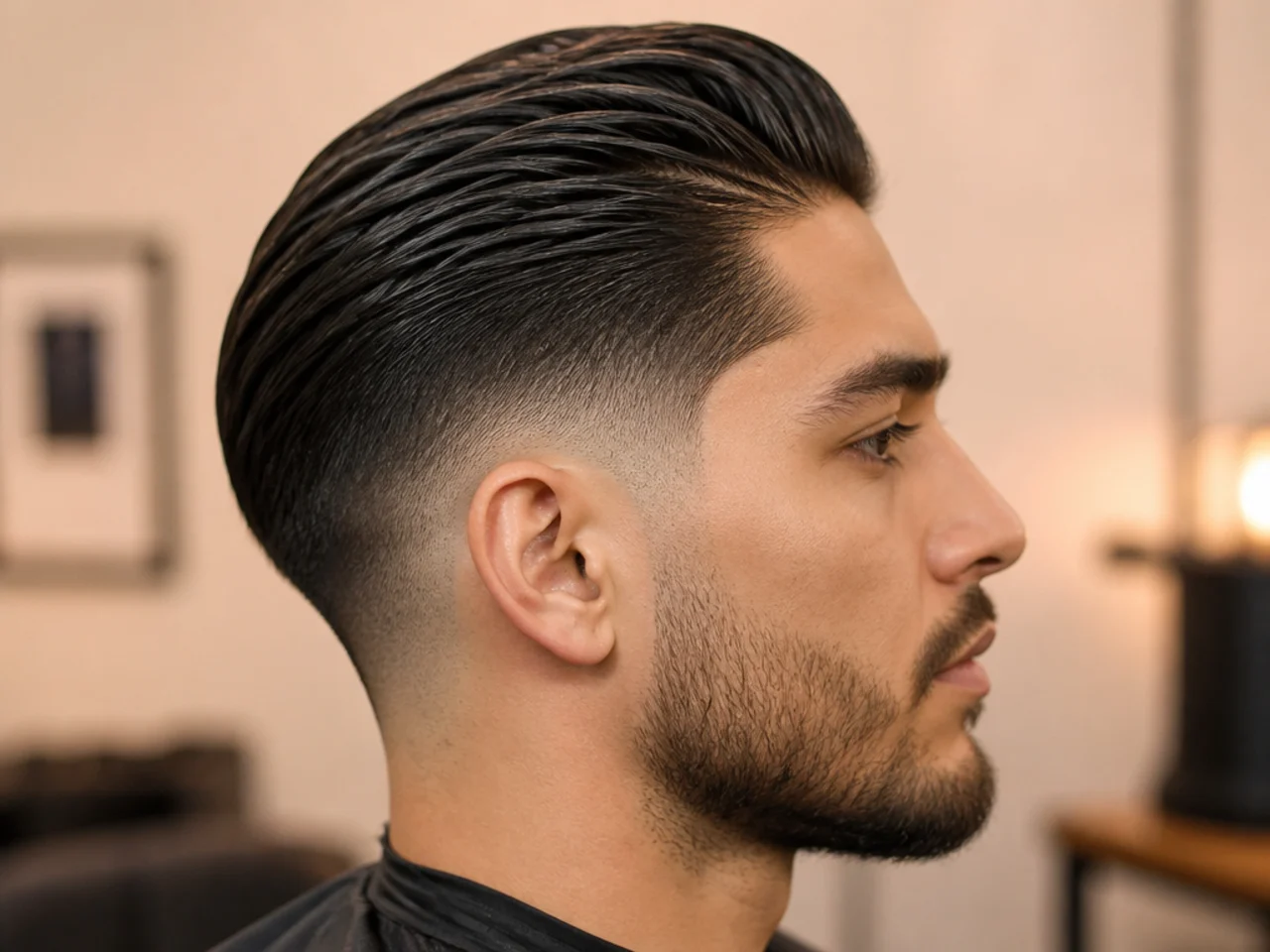 Mens slick back with drop fade curving down behind the ear on an oval face shape