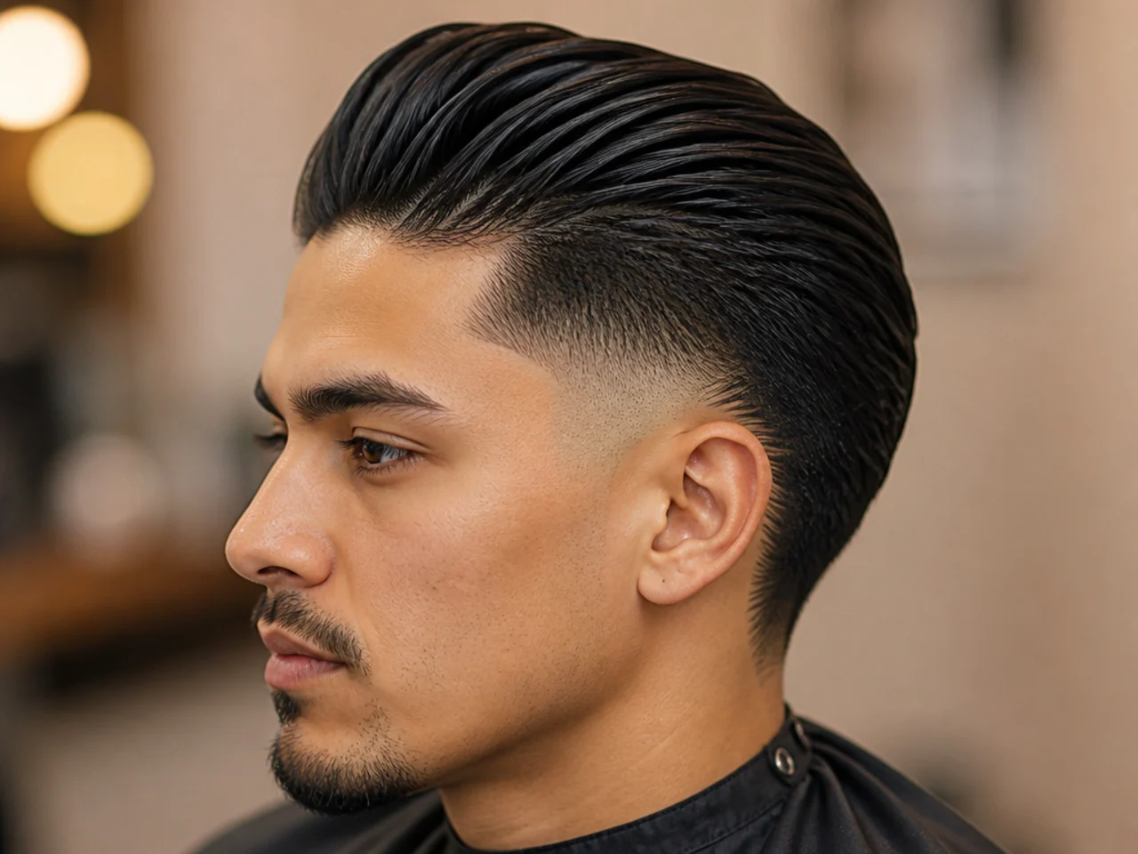 Mens slick back with burst fade arcing around the ear on a textured combed-back cut