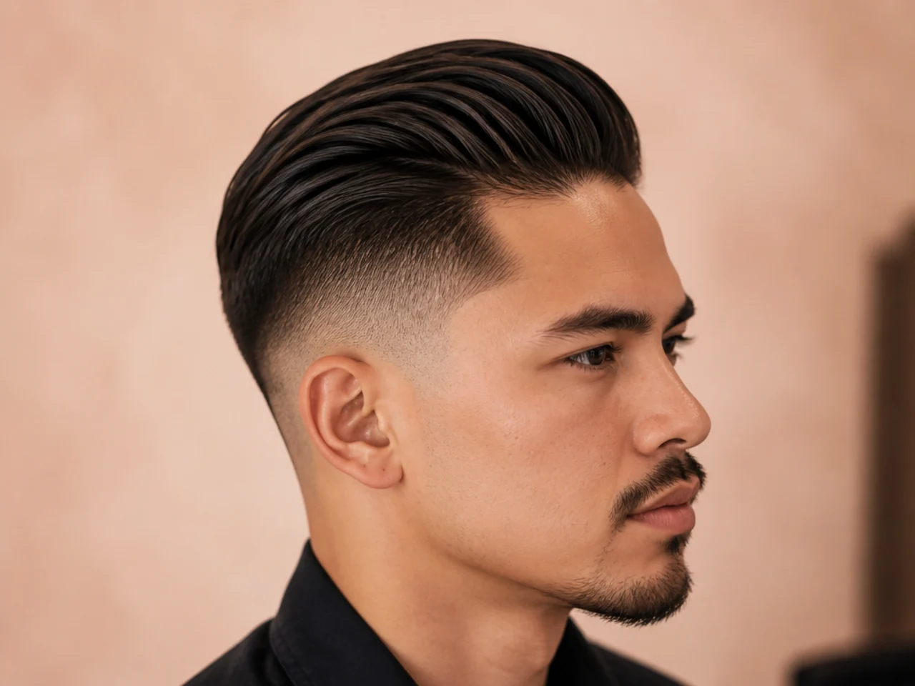 Mens slick back undercut fade with disconnected top and low fade at the base