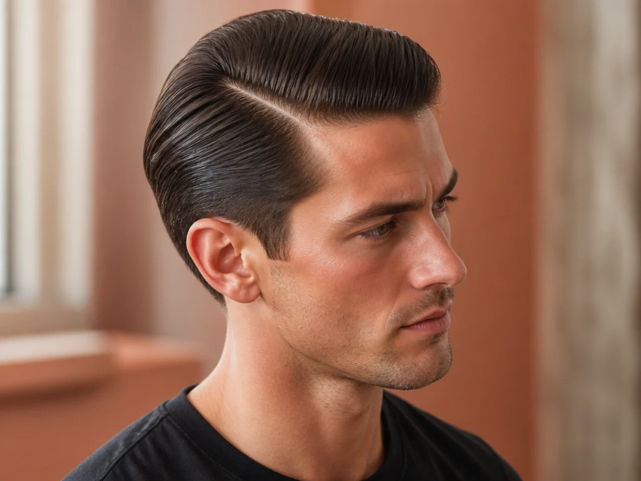 Hard part mens slick back with razor-drawn line running through a high skin fade