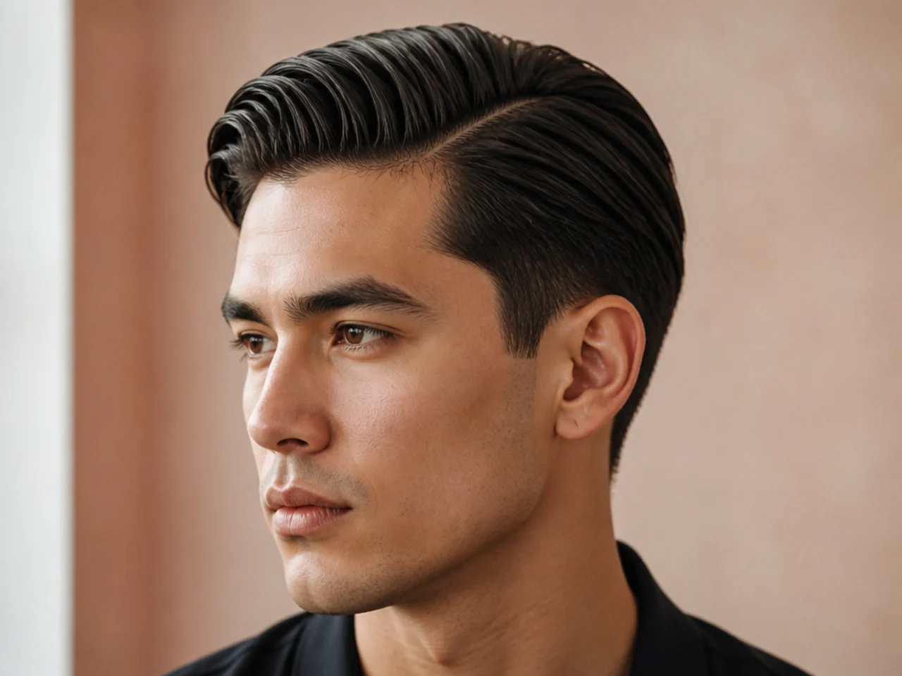 Side part mens slick back with defined natural part and slicked mass on a tapered cut