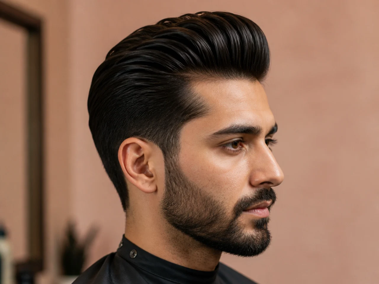 Slick back pompadour with high front volume and combed-back sides on thick hair
