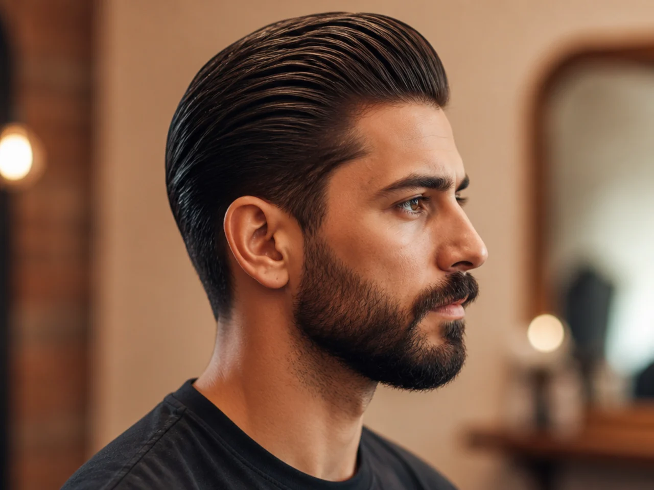 Mens slick back with a well-groomed full beard on a square-jawed subject