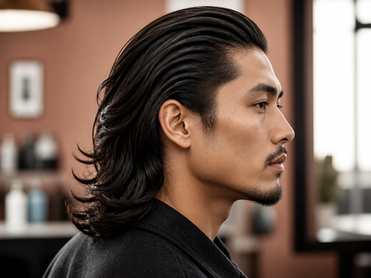Long mens slick back with natural flow and layered ends on wavy hair