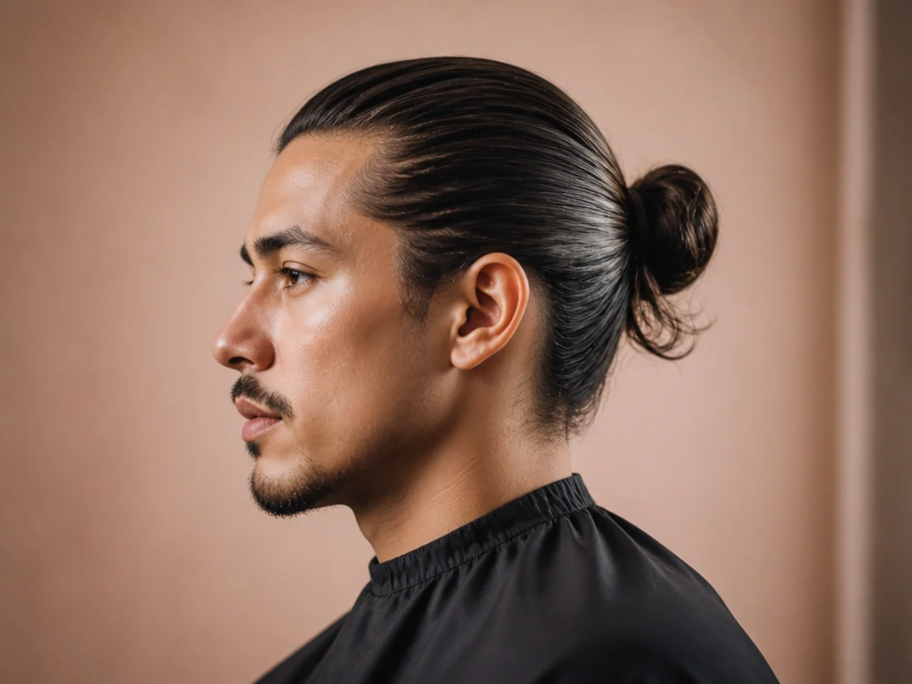 Slick back man bun with sleek front and gathered crown knot on long hair