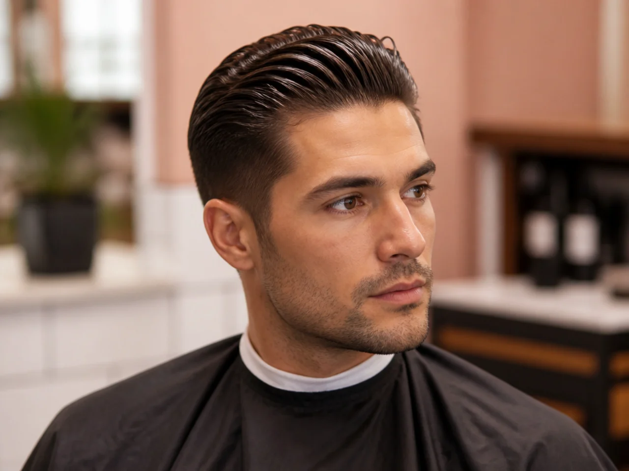 Short mens slick back haircut on fine hair with a low fade and clean neckline