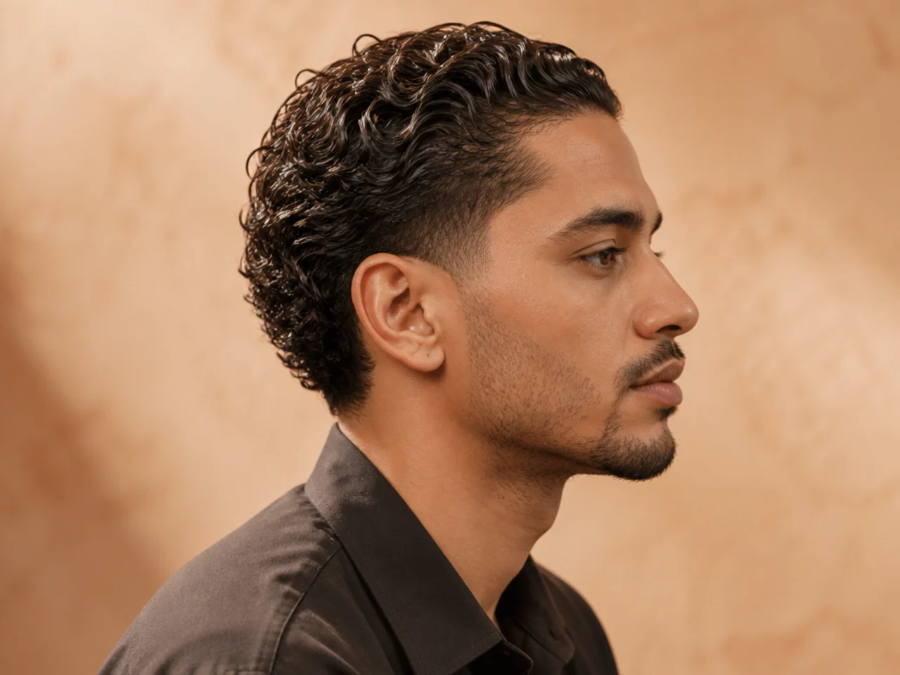 Curly mens slick back with defined type-3B pattern brushed backward on tapered sides