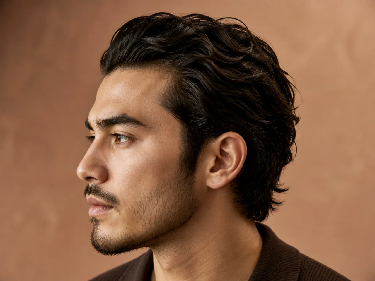 Wavy mens slick back with natural S-wave pattern preserved on tapered sides