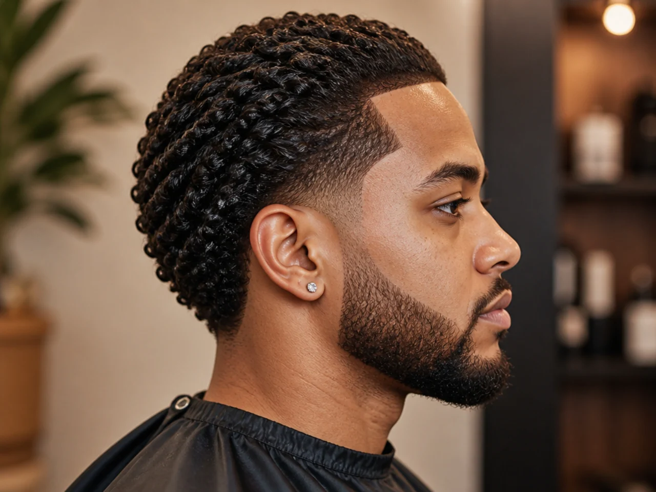 Coily mens slick back on 4A hair with defined pattern brushed backward over a high skin fade