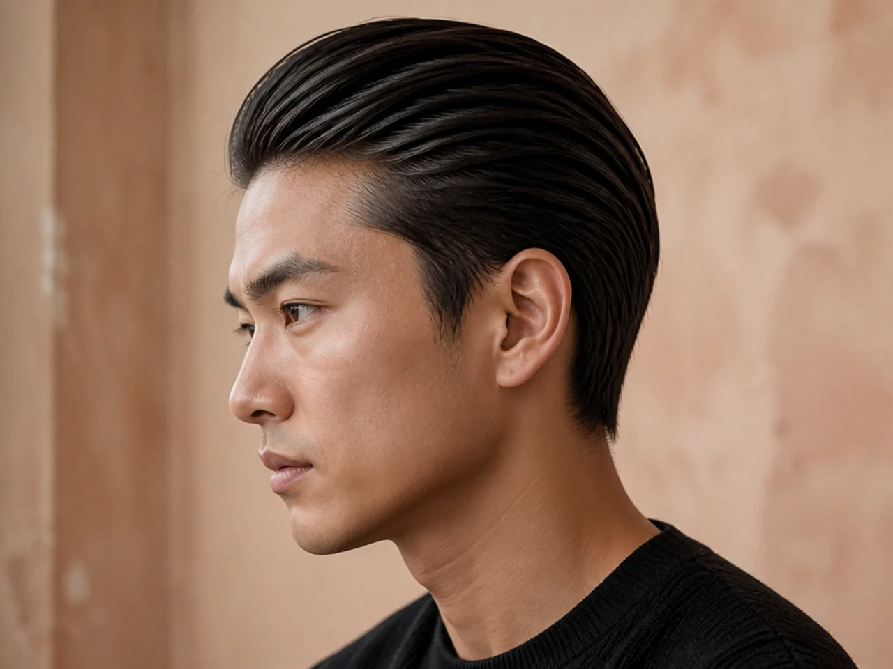 Straight Asian mens slick back on dense poker-straight hair with a mid fade