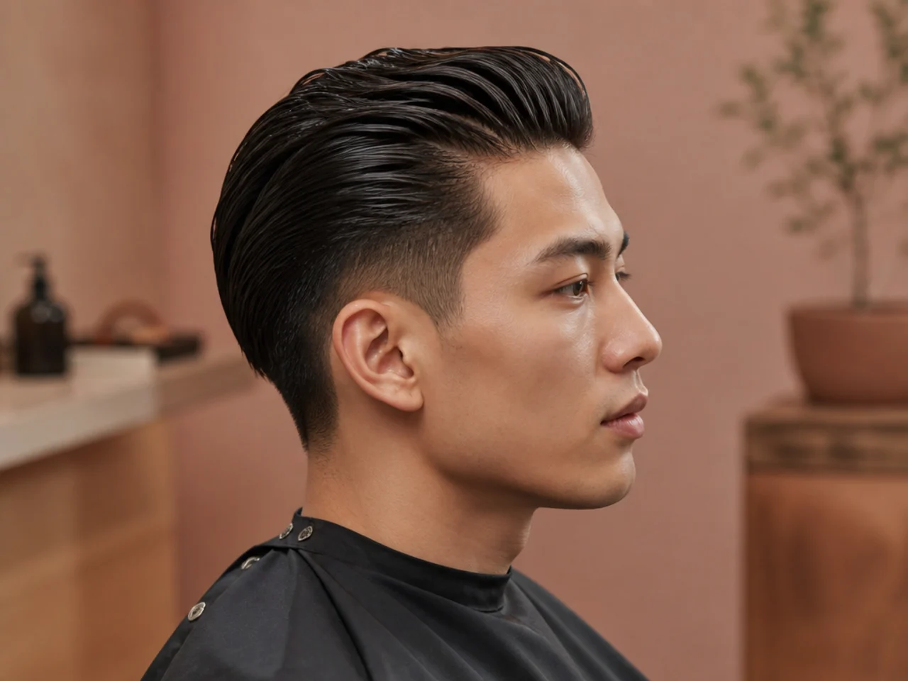 Wet-look mens slick back haircut with maximum shine styled for black-tie