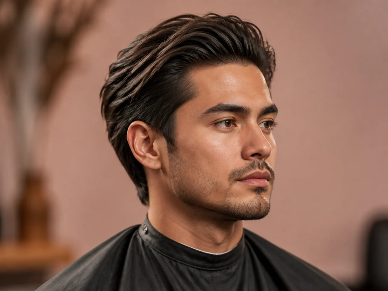 Textured brush back mens haircut with visible movement and matte finish on medium-length hair