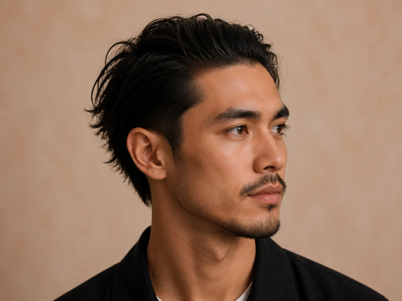 Messy mens slick back haircut with textured strands and controlled disorder on wavy hair