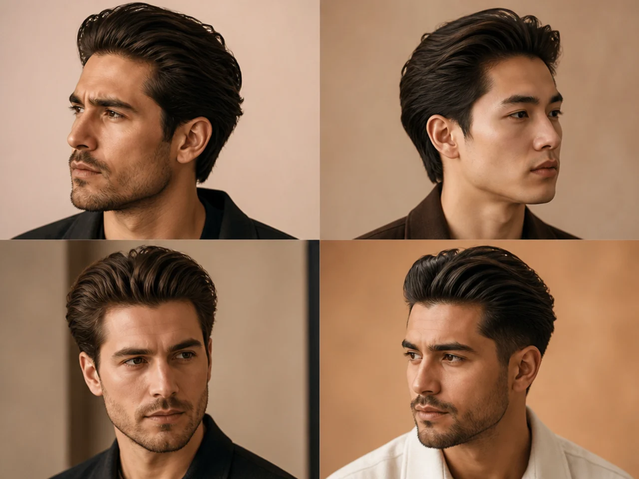 Voluminous mens slick back haircut with lifted crown and pushed-back front on thick hair