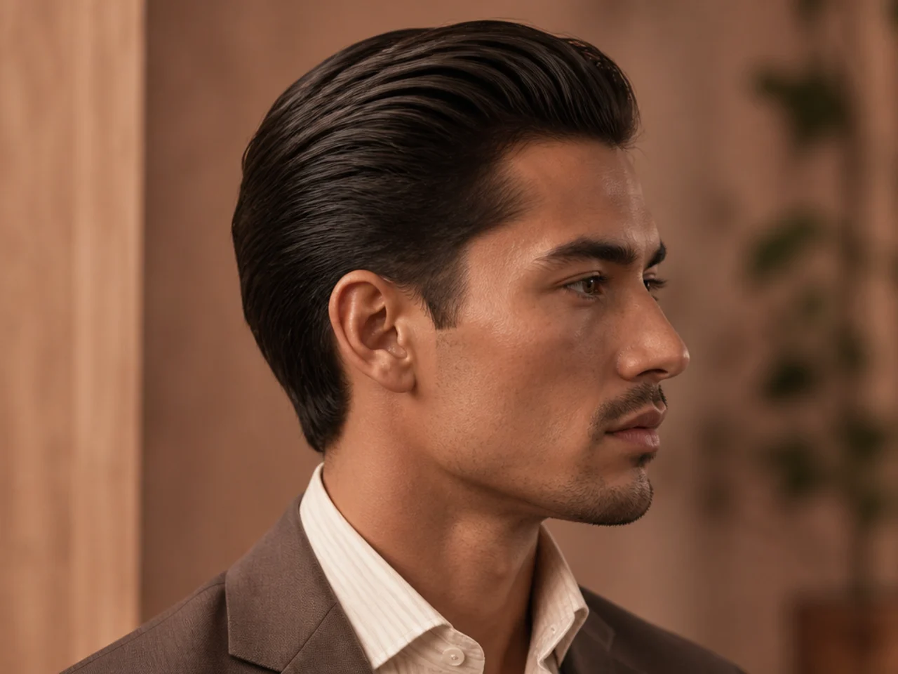 Old money mens slick back haircut with soft side sweep and low-shine finish on tailored subject