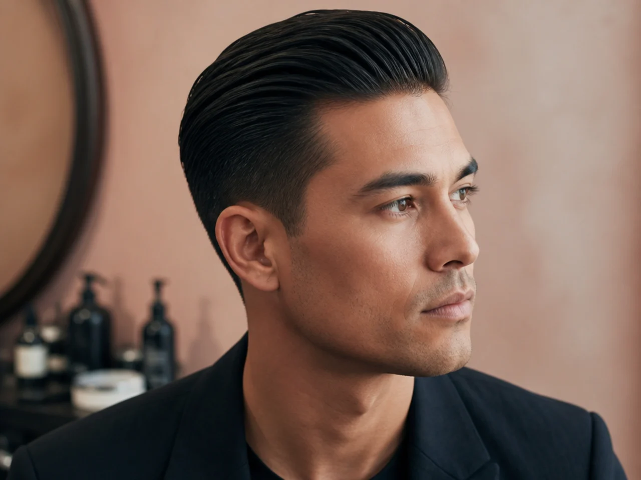 Executive short mens slick back haircut with three-inch top and low taper on a business-professional cut