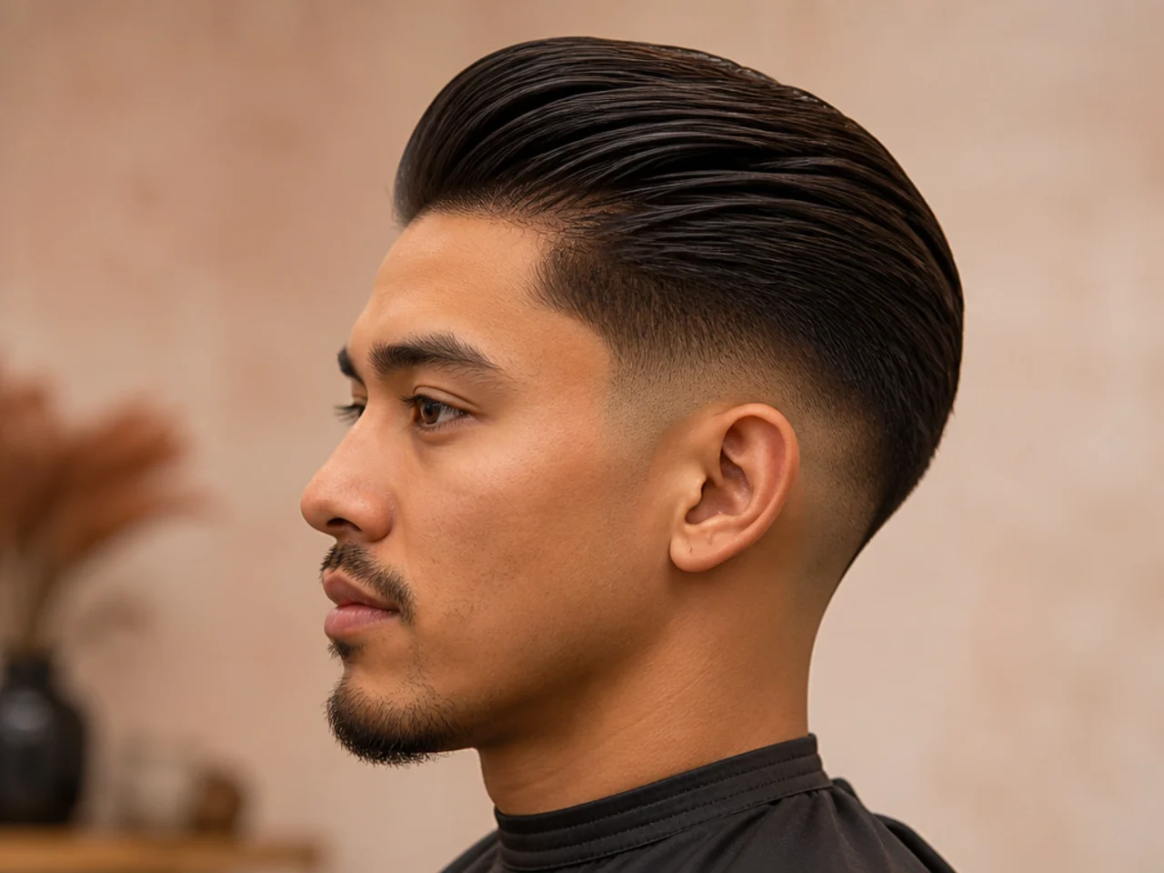 Mens slick back with subtle low fade starting above the ears on a business-professional cut