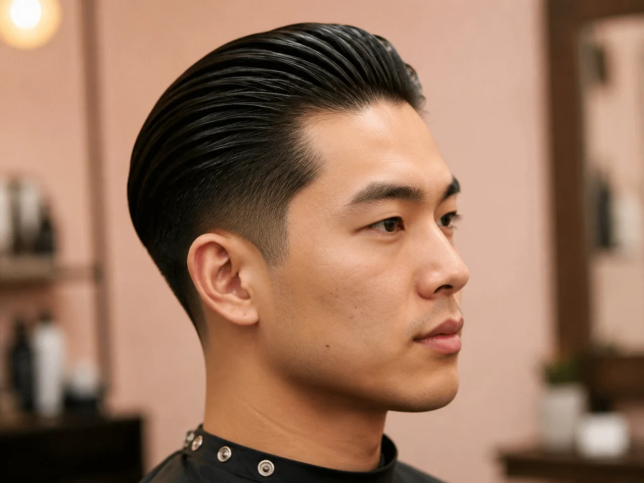 Barber consultation for a mens slick back haircut with reference photos on the mirror