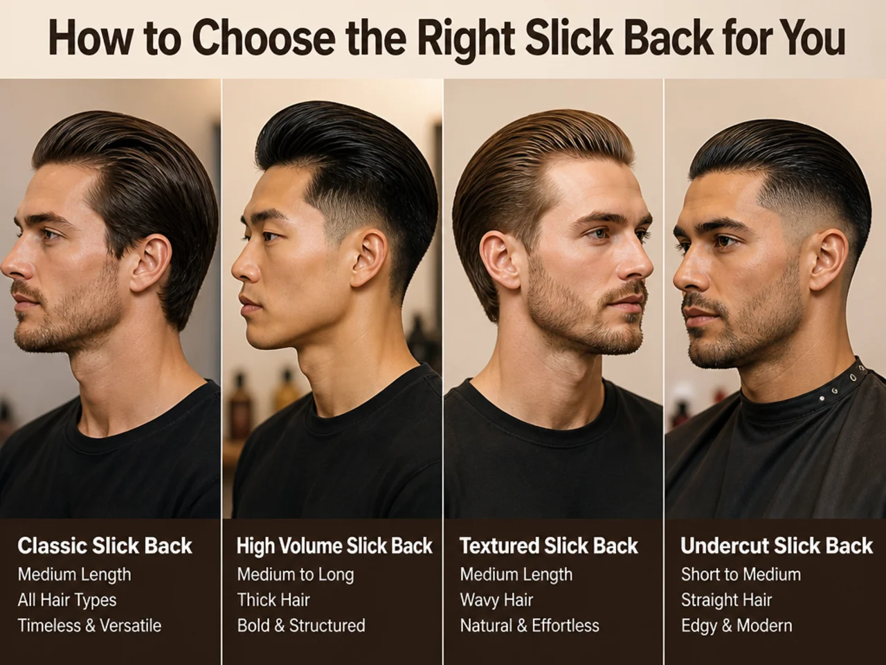 Three men showing different mens slick back haircut variations for round, oval, and square face shapes
