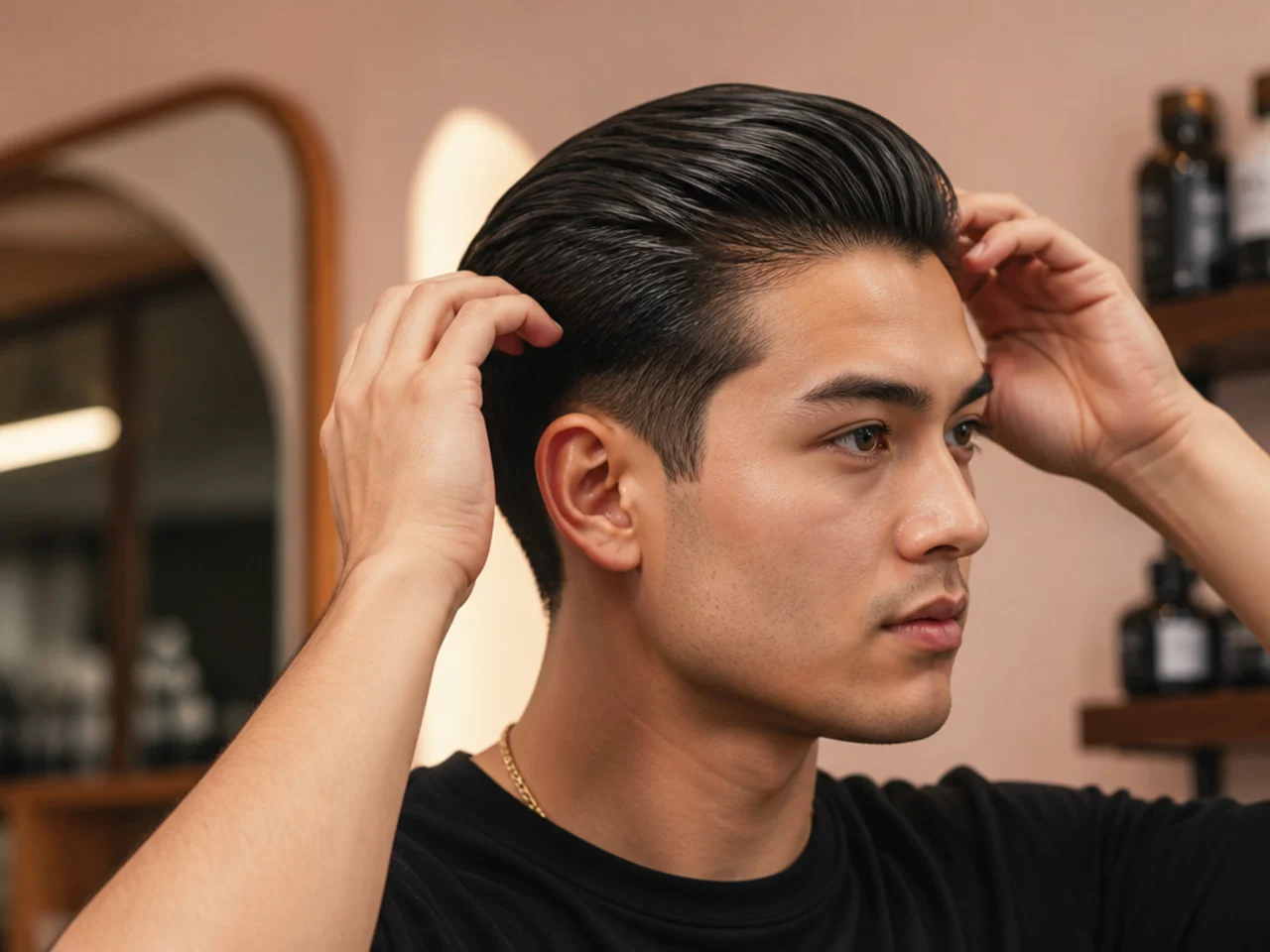 Product lineup, fine-tooth comb, and boar-bristle brush for a mens slick back styling routine