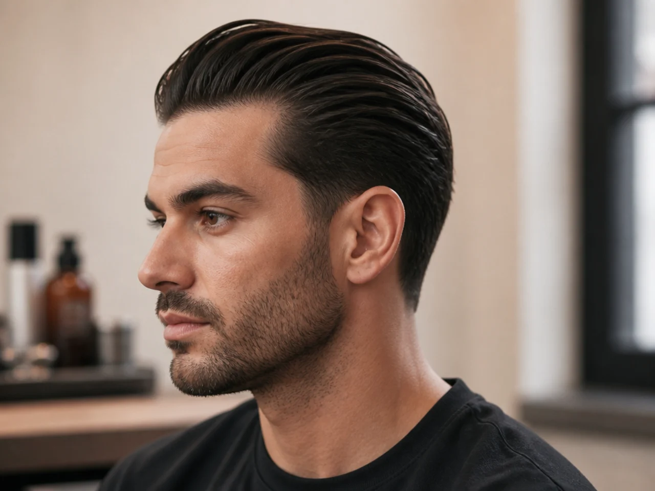 Close-up of a classic mens slick back haircut with high shine and clean scissor-cut sides