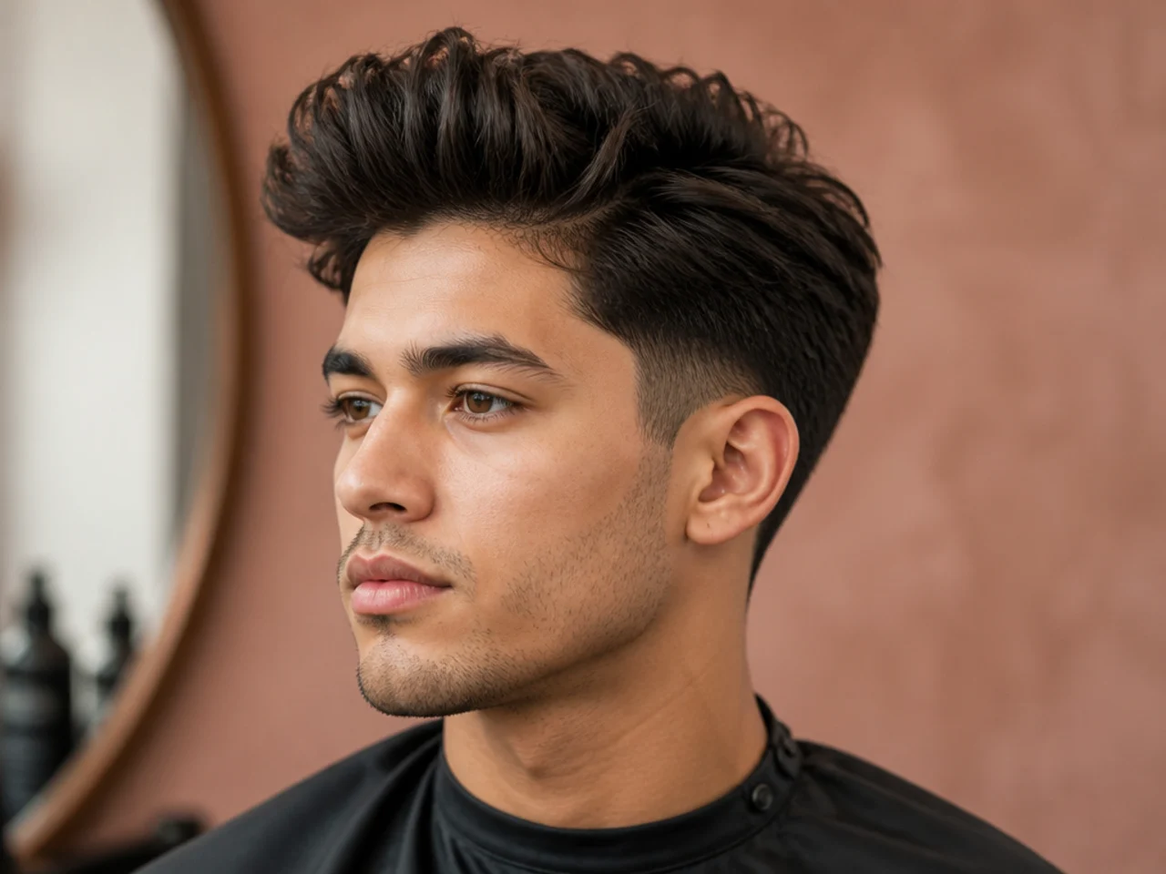 Taper with medium quiff — five-inch layered top brushed up and back over tapered sides