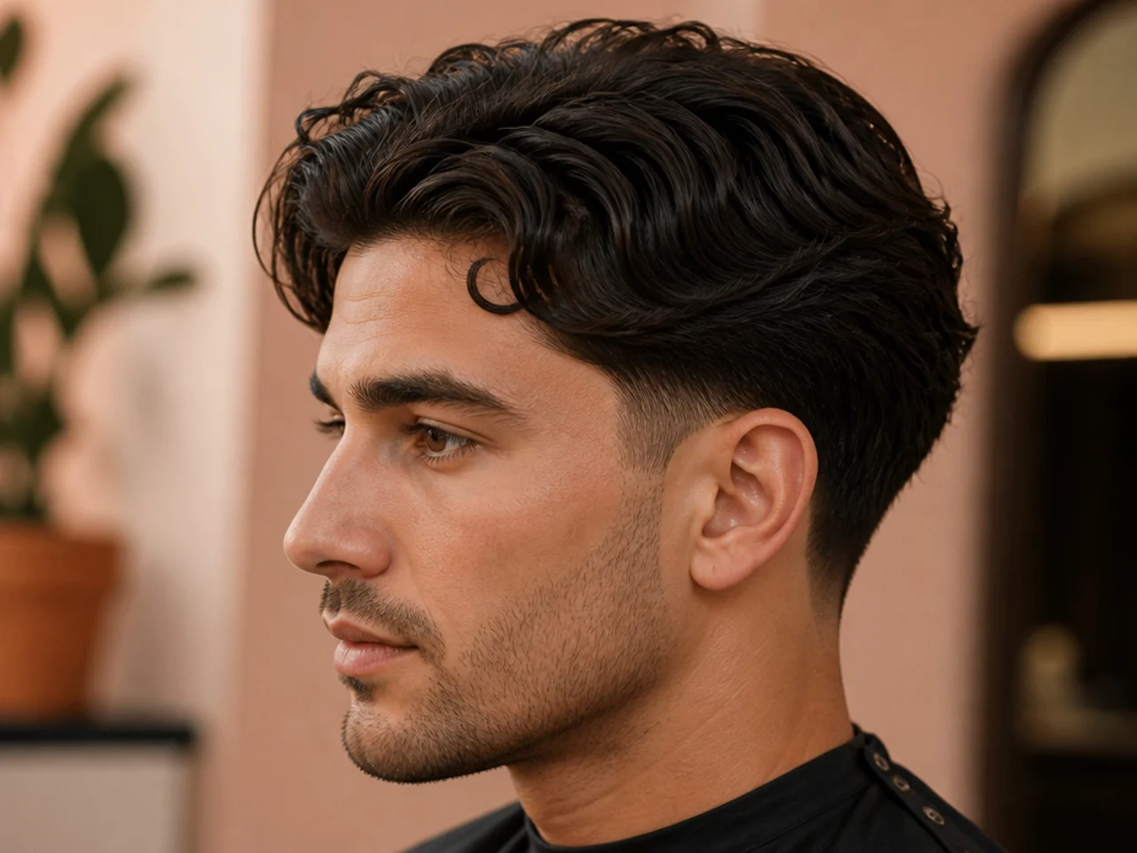 Taper with comma hair fringe curling inward at the forehead over soft tapered sides