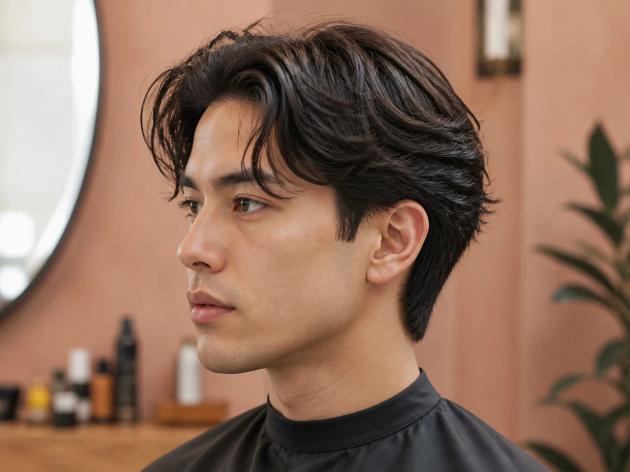 Taper with curtain fringe parted down the middle and falling to either side over tapered sides