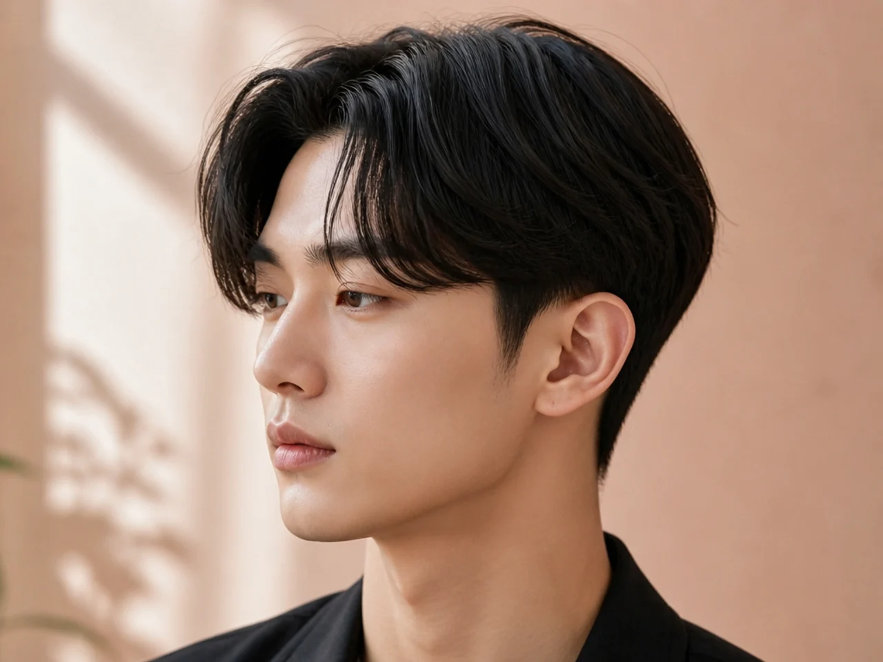 Korean-inspired taper on a young Asian man with soft rounded top and glossy finish