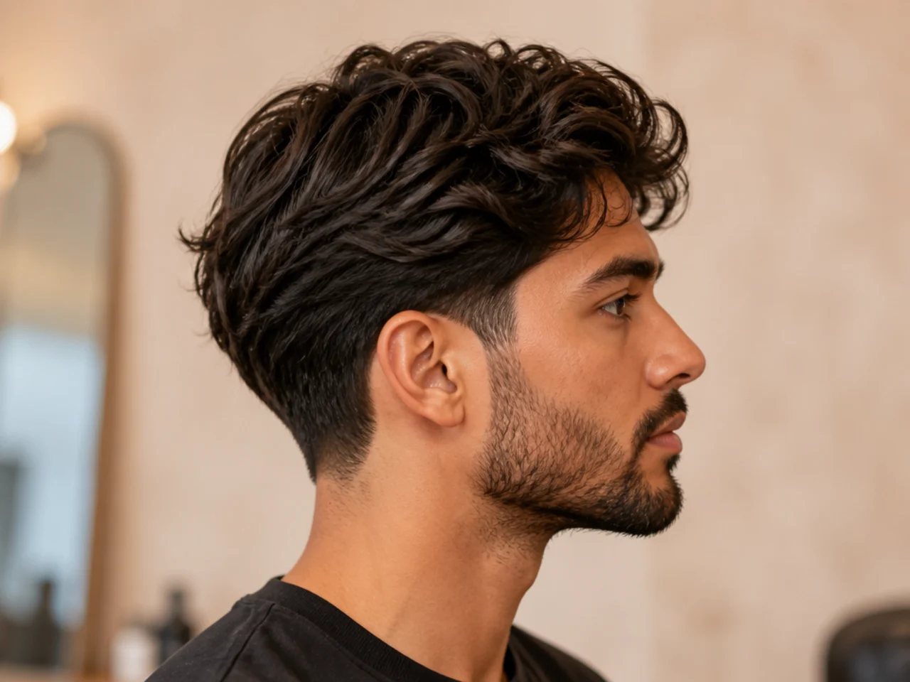 Low taper with medium layered top and soft reduction just above the ear