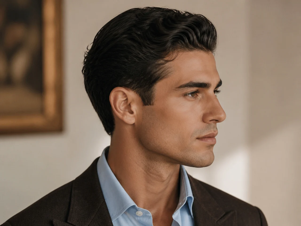 Taper with old money look — five-inch top brushed back with understated finish over tapered sides