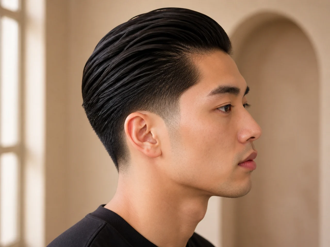 Taper with medium slick back — four inches on top brushed back over soft tapered sides