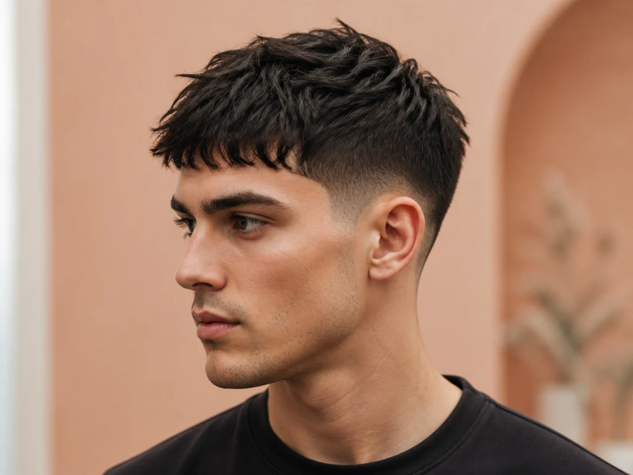 Taper with textured crop — four-inch point-cut top with blunt fringe over tapered sides