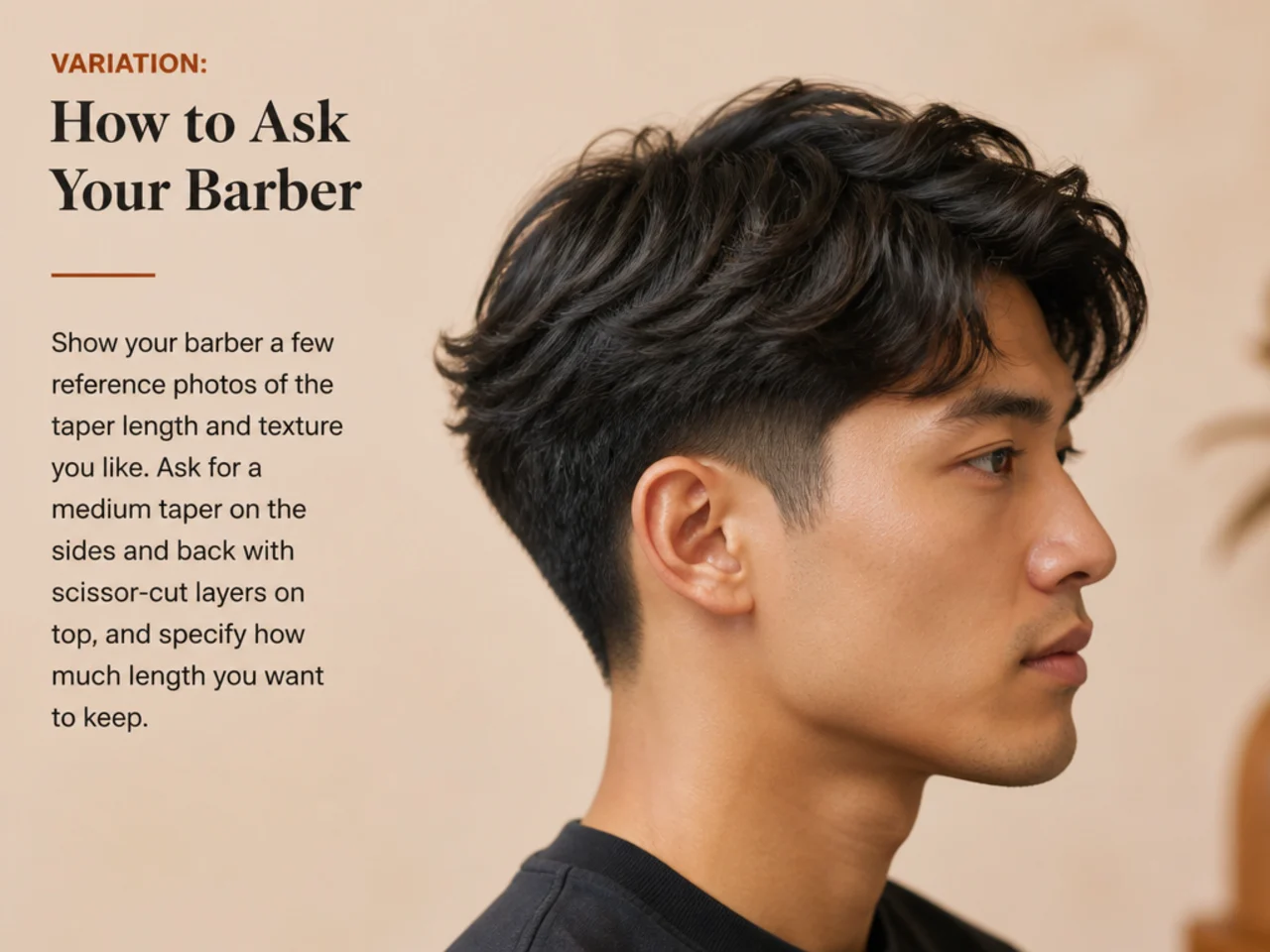 Barber and client discussing medium length taper reference photos in a barbershop
