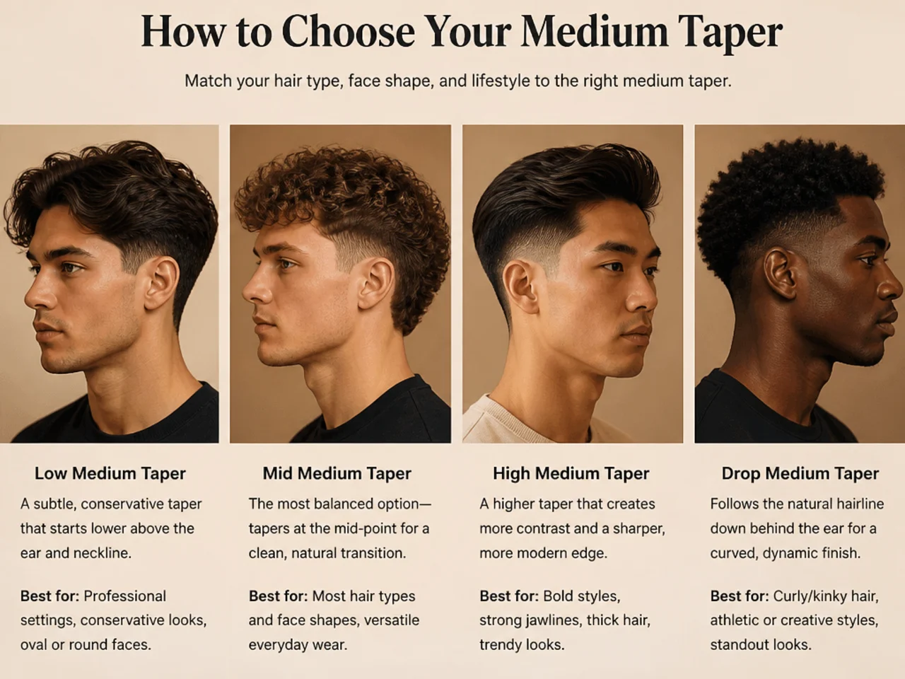 Three medium length taper variations side by side showing scissor, low, and mid taper positions