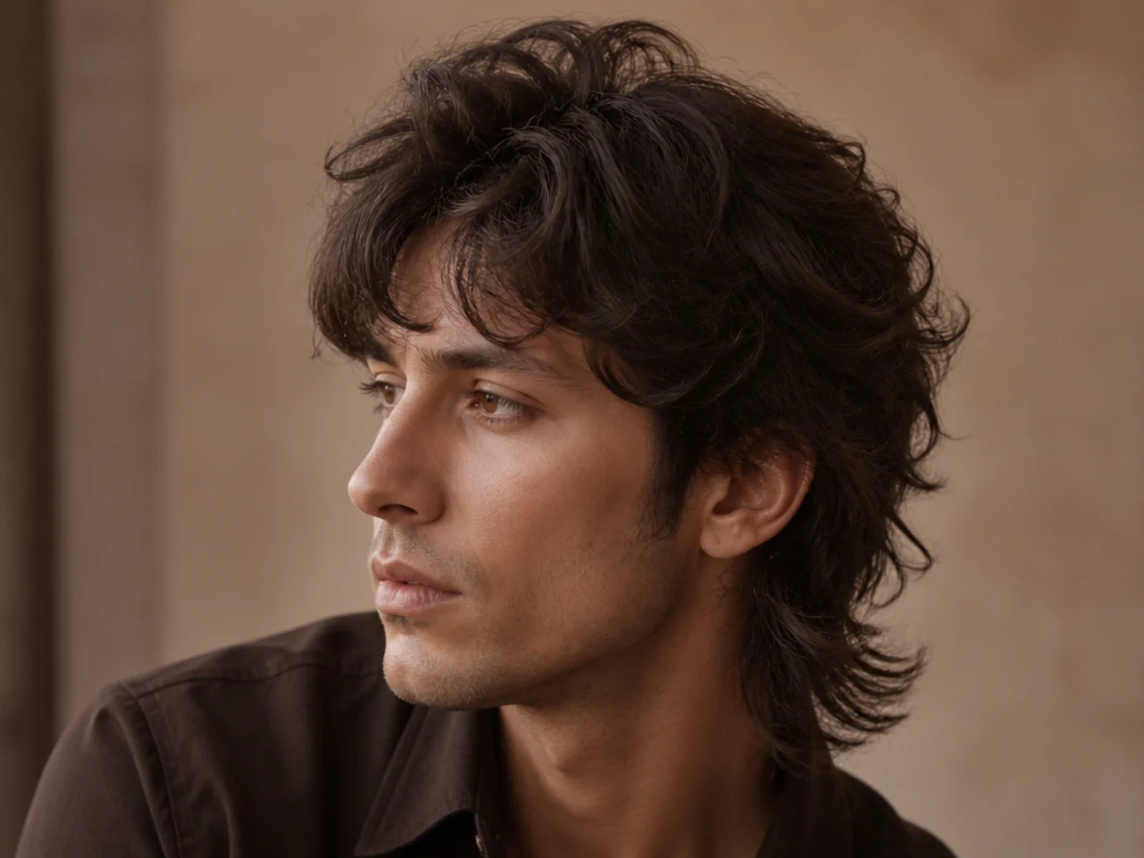 A wolf cut on wavy hair with volume sitting high at the crown