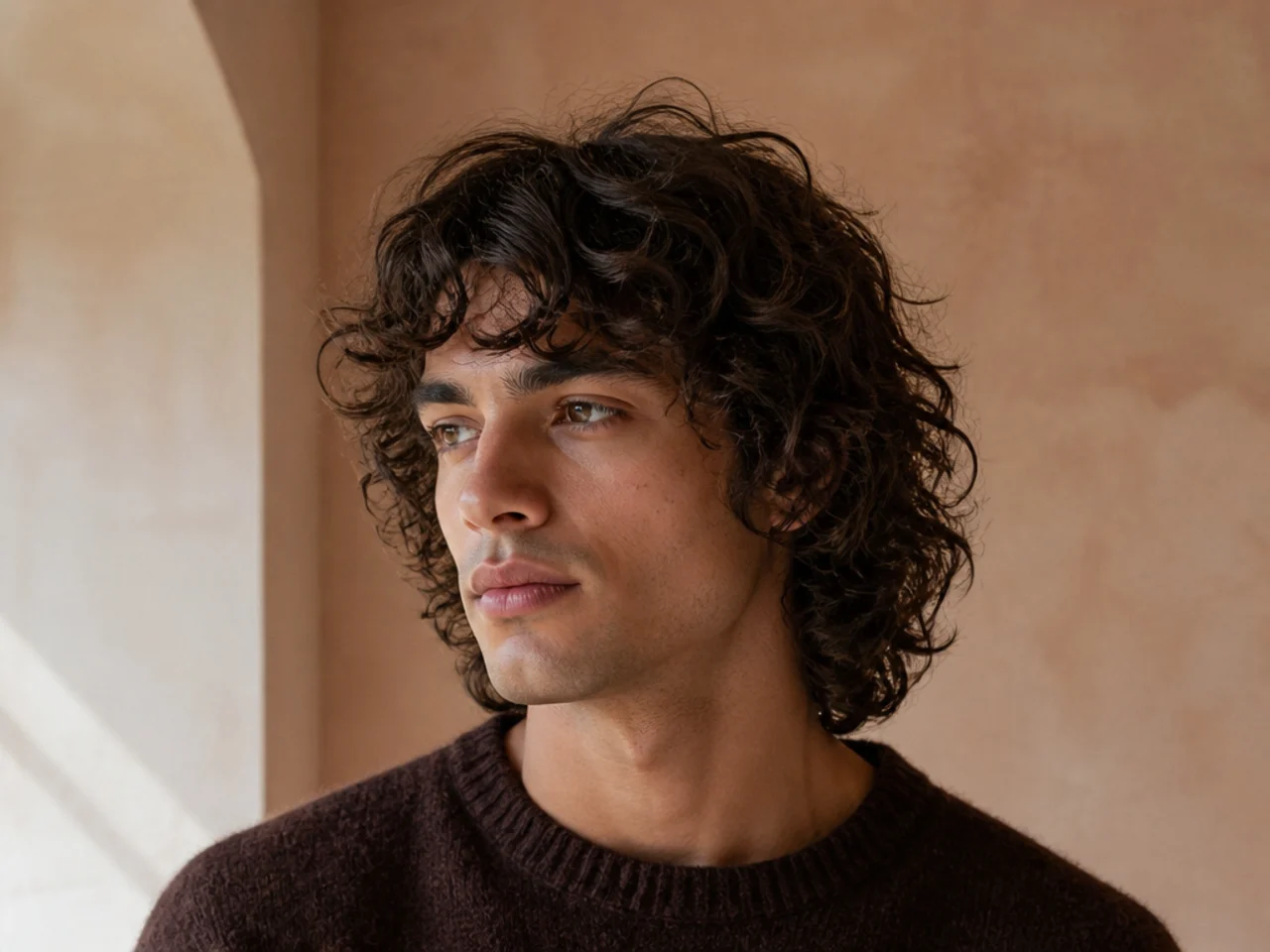 A shag cut on curly hair with width spread evenly down the length
