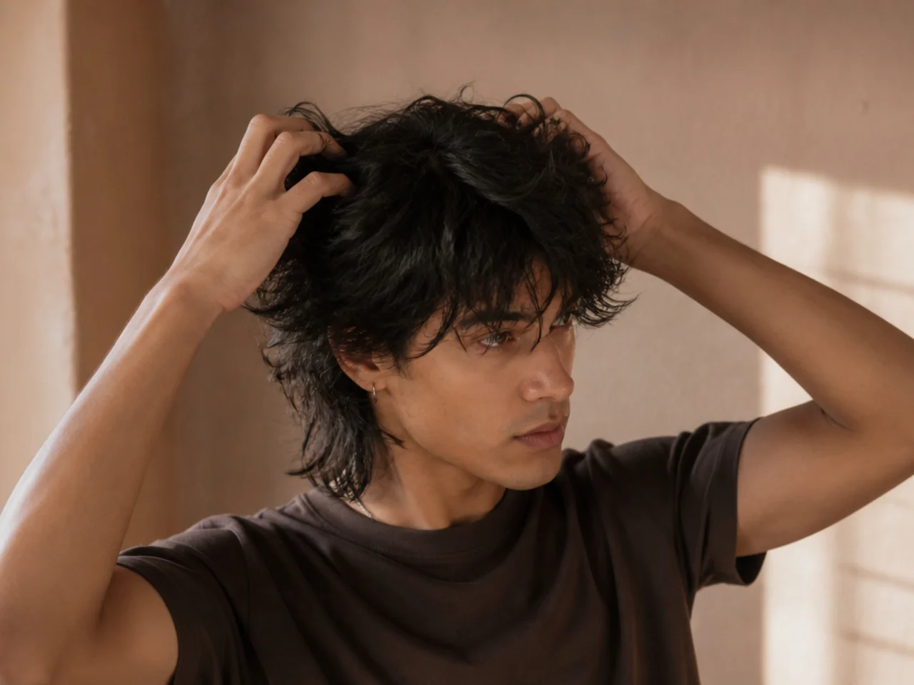 Texture spray being scrunched into a wolf cut with the hands