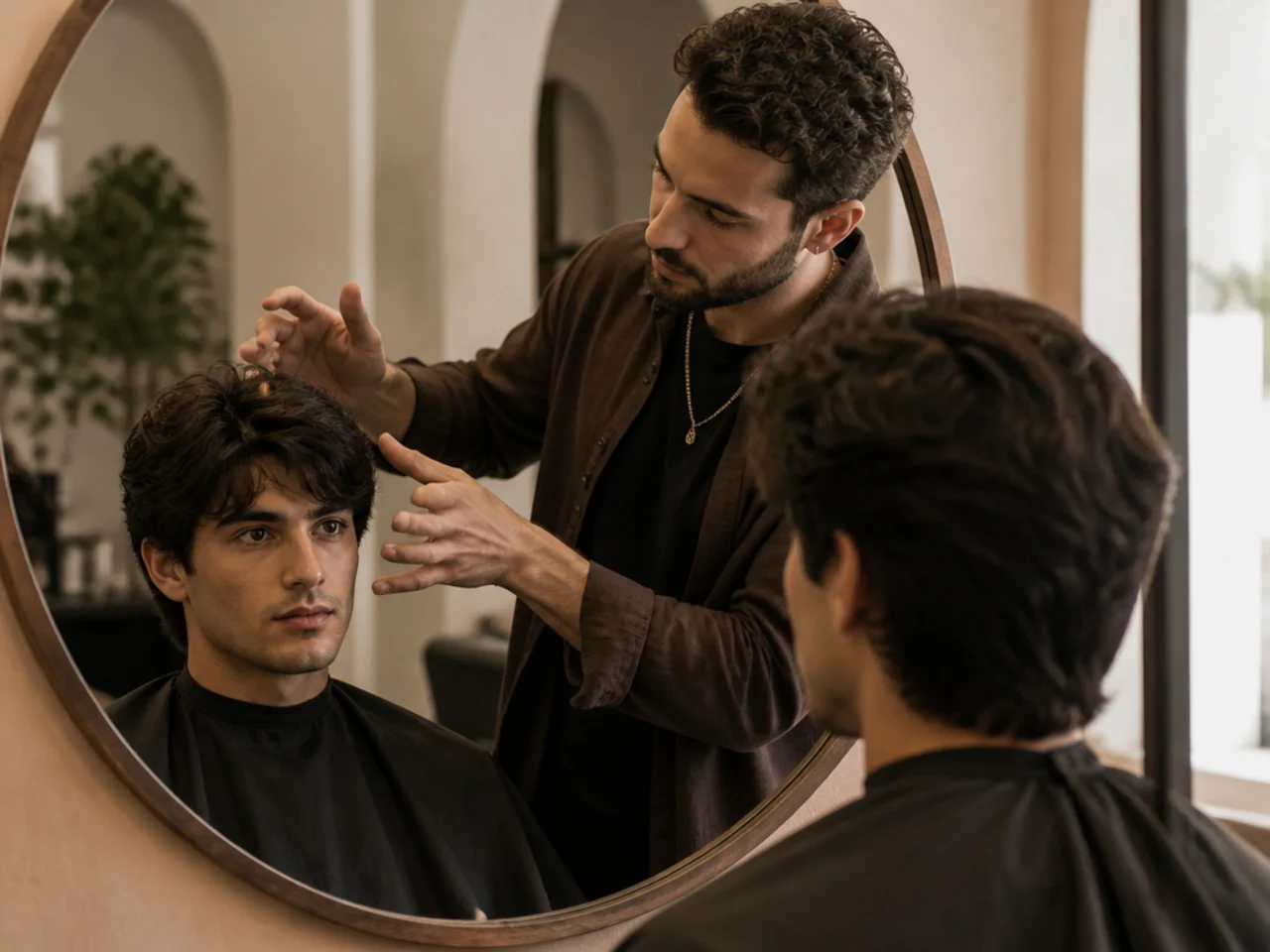 A barber and client discussing layer placement in front of a mirror
