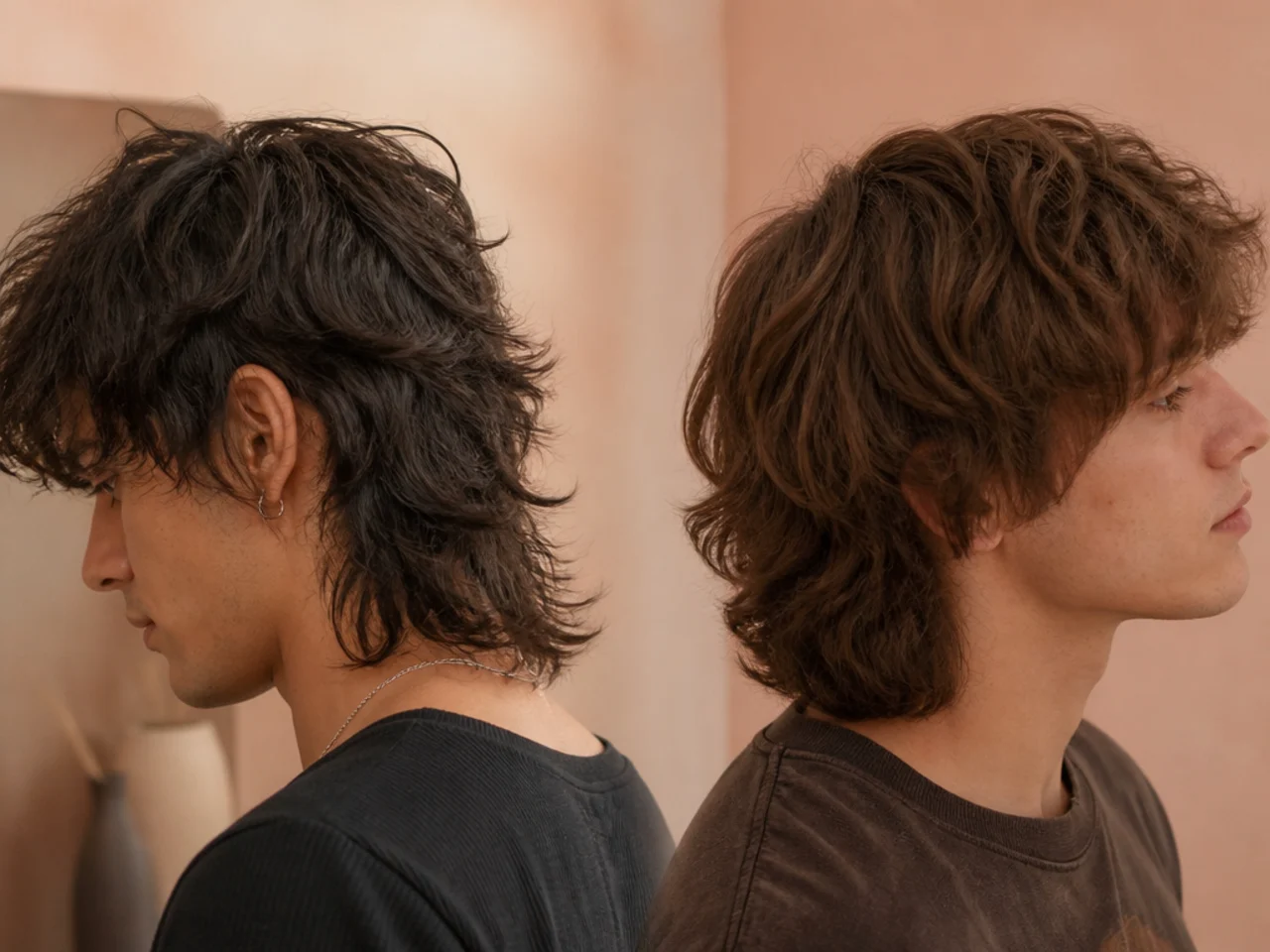 Close view of a long nape on a wolf cut beside a level finished shag